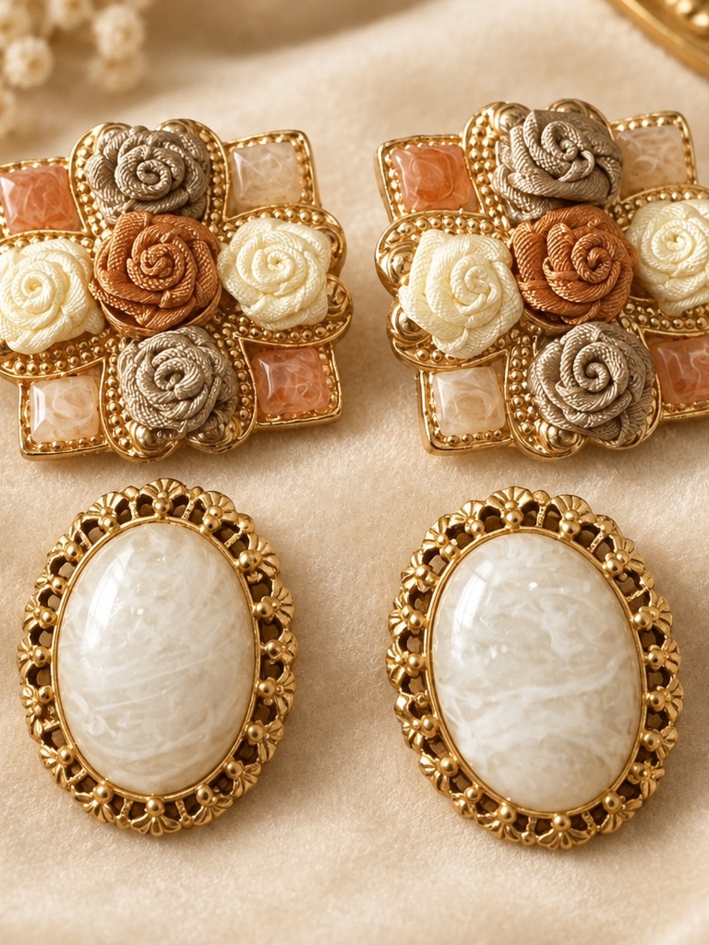 Gold-Tone Floral Cluster and Cream Oval Drop Earrings - Women Jewelry